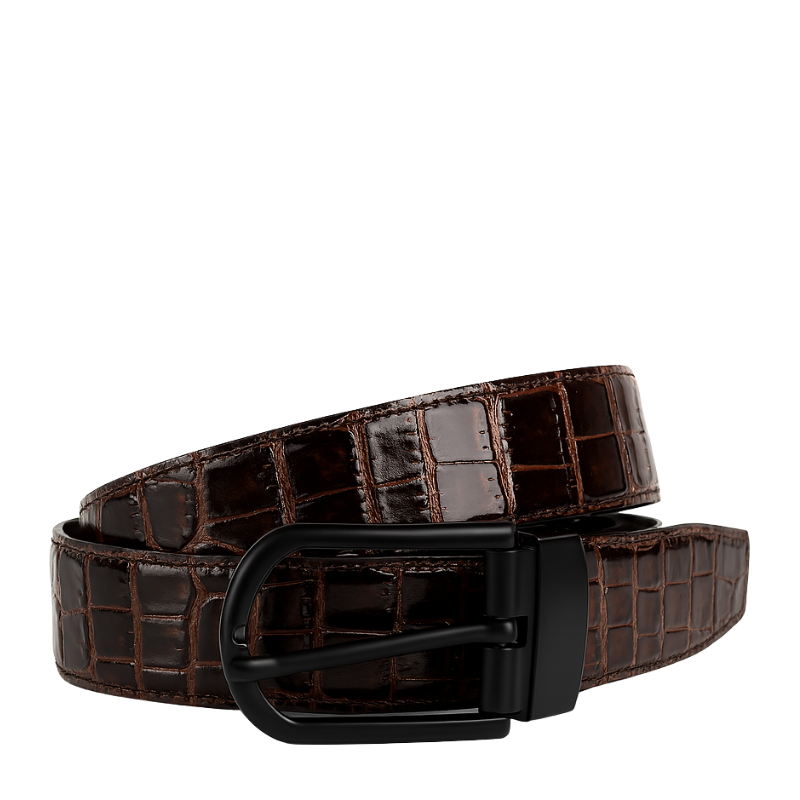 Croco Leather Dark Brown Strap Belt with Black Reversible Buckle Closure