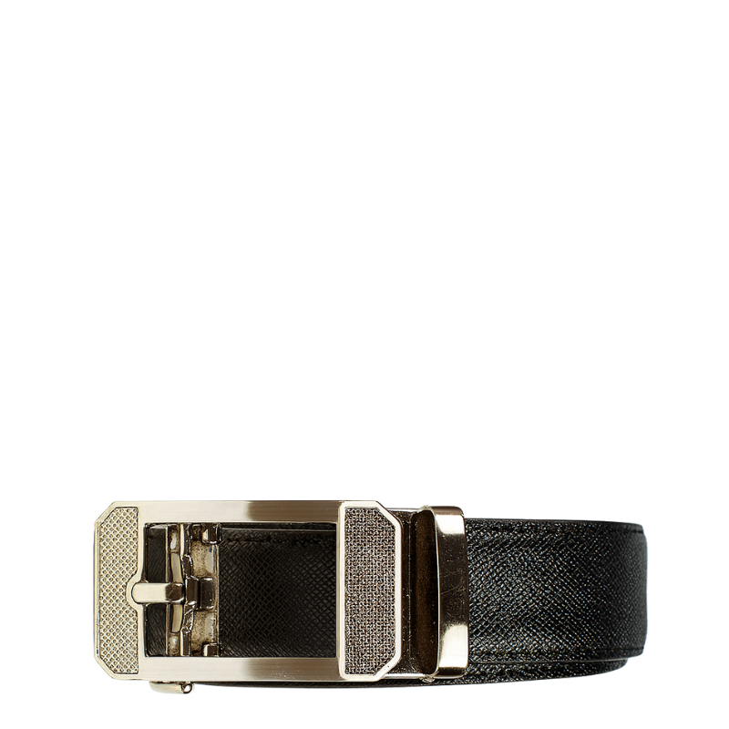 Black Leather Strap Belt with Autolock Textured Buckle