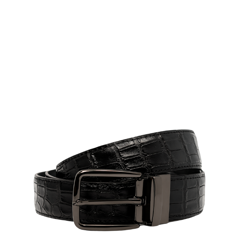 Croco Textured Leather Black Strap Belt with Grey Reversible Buckle Closure