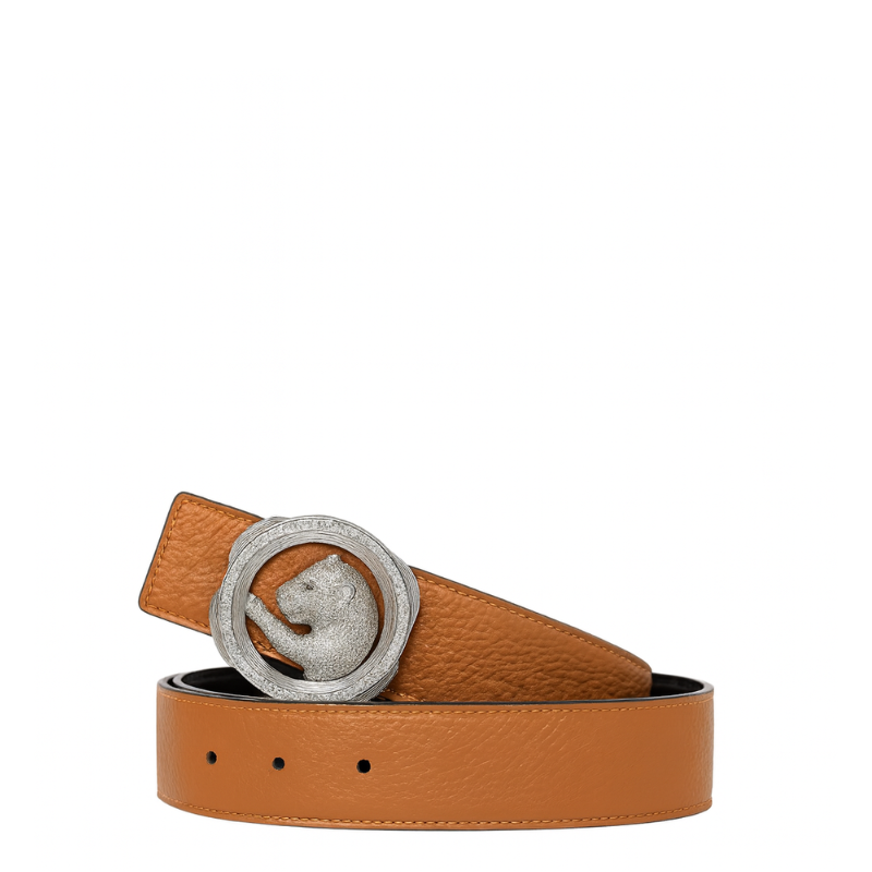 Italain Silver Regal Jaguar Buckle Belt with Tan Leather Strap