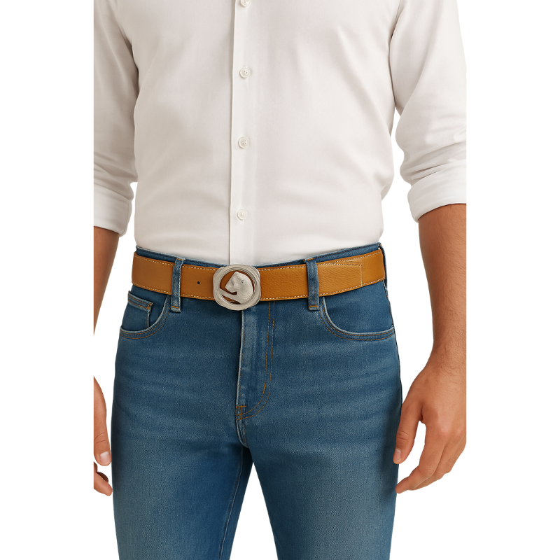 Italain Silver Regal Jaguar Buckle Belt with Turquoise Blue Leather Strap