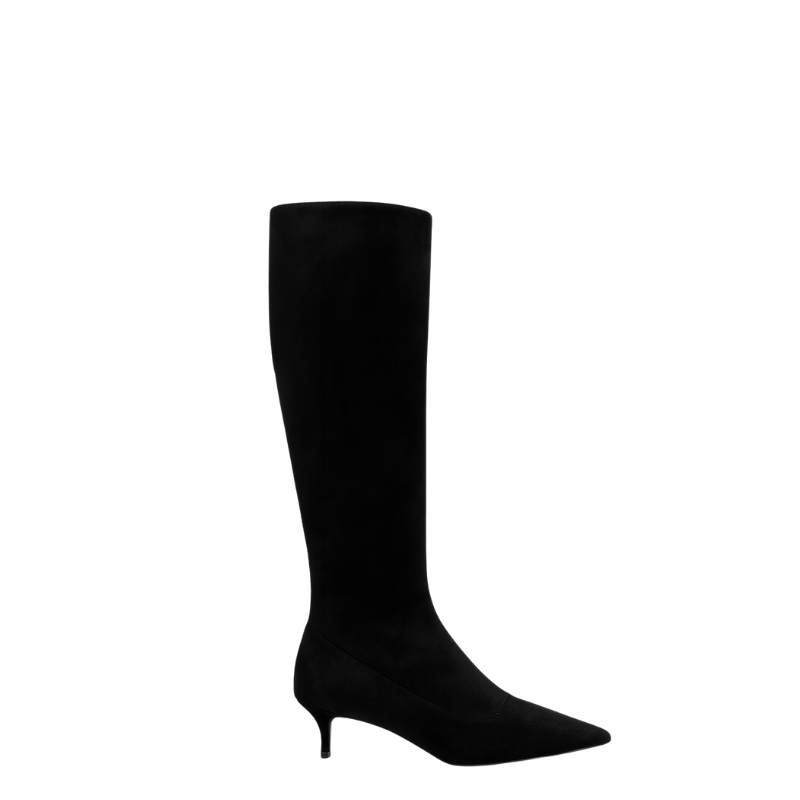 Premium Black Knee High Kitten Heel Square Toe Tall Leather Boots for Women's