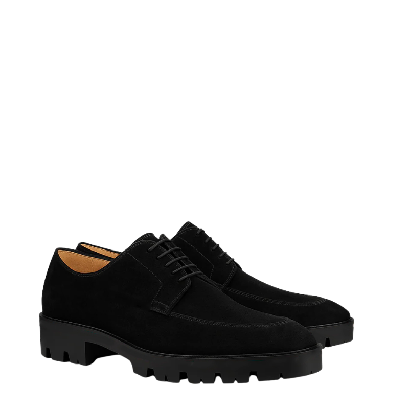 Luxury Suede Black Leather Derby Shoes with Lug Sole