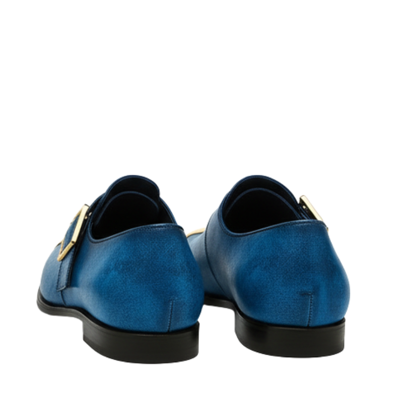 Luxury Oceanic Blue Leather Buckle Loafers With Golden Toe