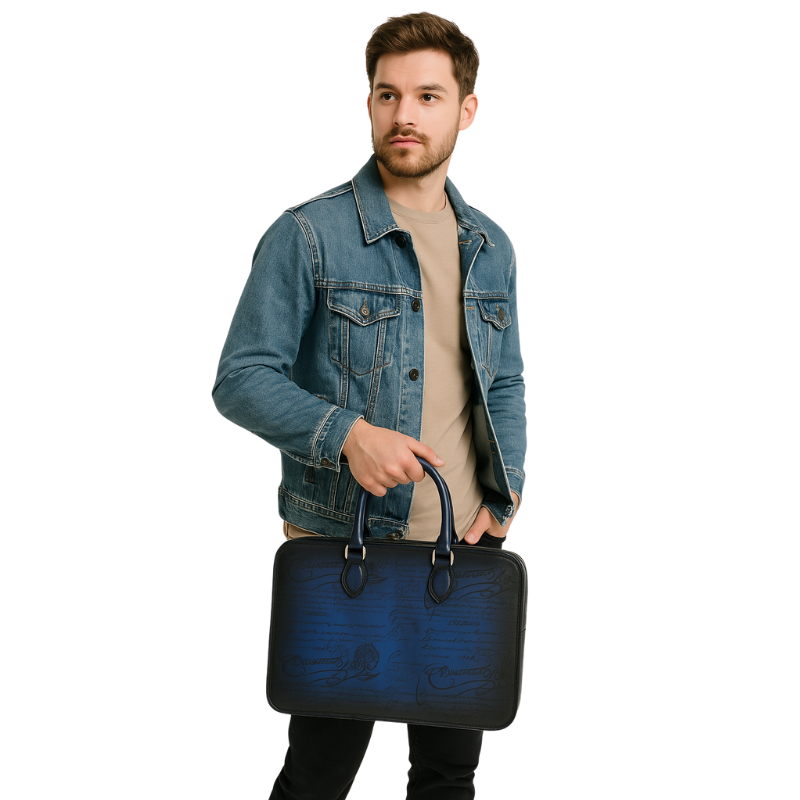 Luxury Handcrafted Printed Leather Blue Briefcase