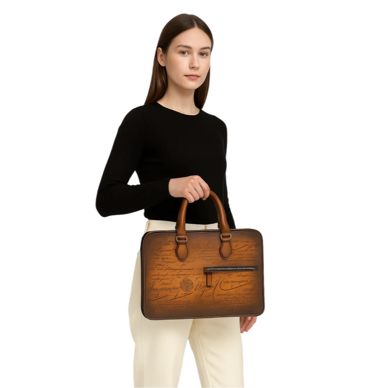 Luxury Handcrafted Printed Leather Chocolate Brown Briefcase