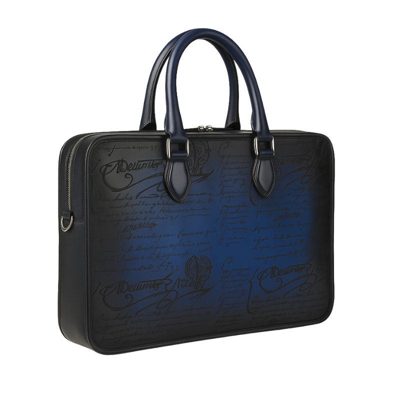 Luxury Handcrafted Printed Leather Blue Briefcase