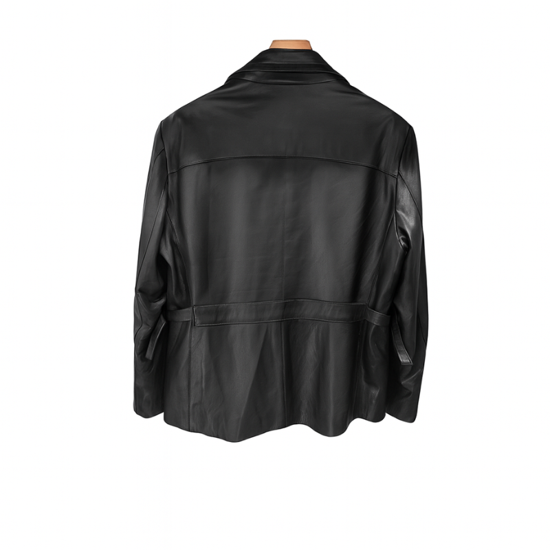 Classic Leather Black Double-pocket Leather Coat