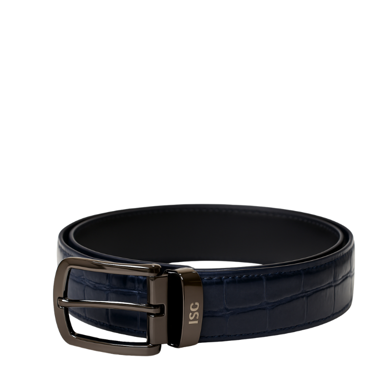 Croco Textured Leather Blue Strap Belt with Steel Grey Reversible Buckle Closure