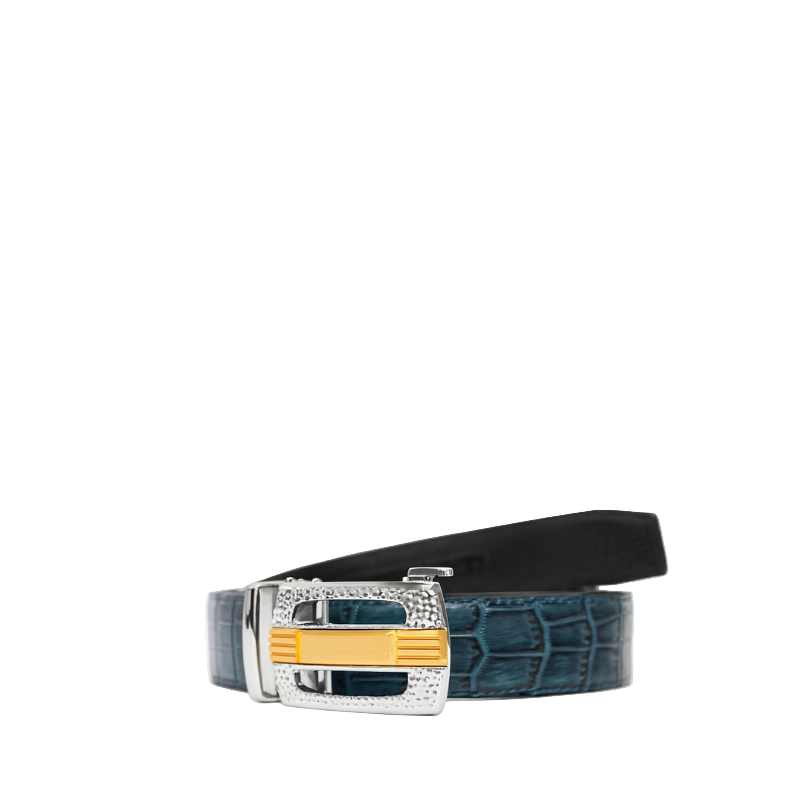 Croco Leather Blue Strap Belt with Silver Dual Shade Textured Autolock Buckle
