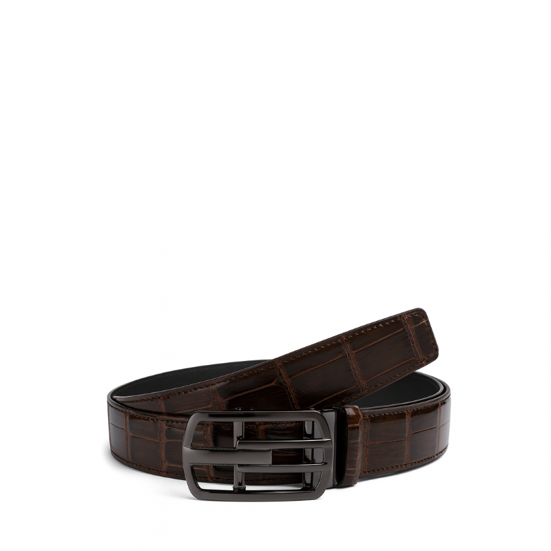 Croco Leather Dark Brown Strap Belt with Grey Autolock Buckle