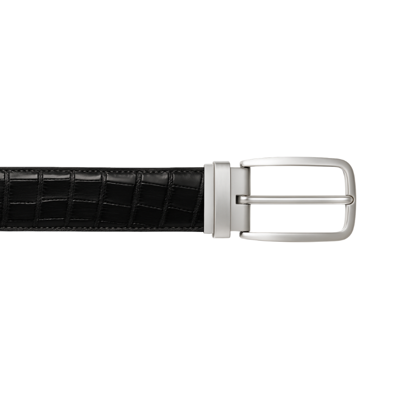 Croco Textured Leather Black Strap Belt with Silver Reversible Buckle Closure