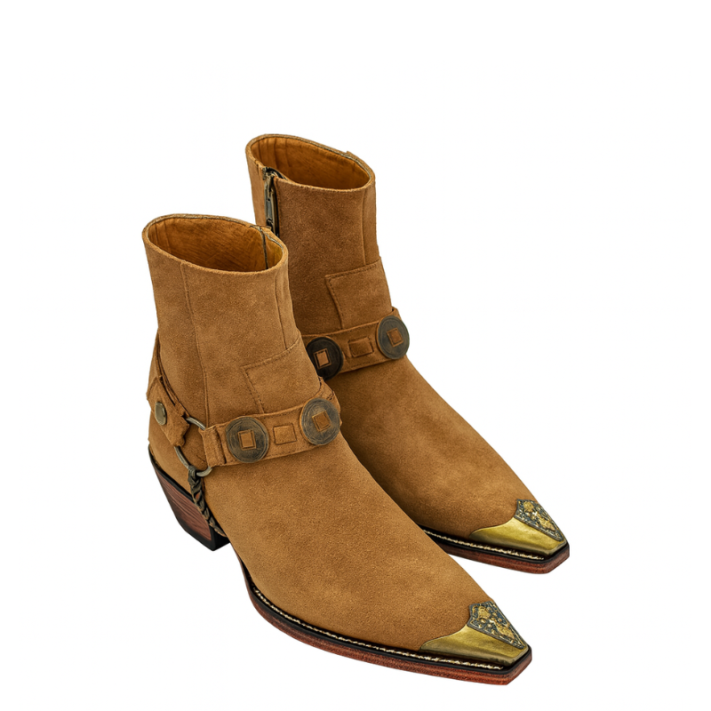 Luxury Suede Textured Leather Dark Tan With Golden Metal Toe