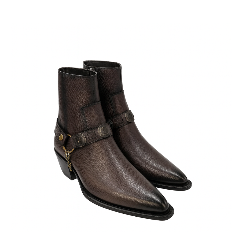 Luxury Textured Leather Dark Brown Side-Zip Boots with Metal Chain