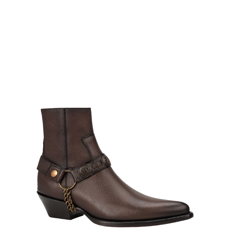 Luxury Textured Leather Dark Brown Side-Zip Boots with Metal Chain