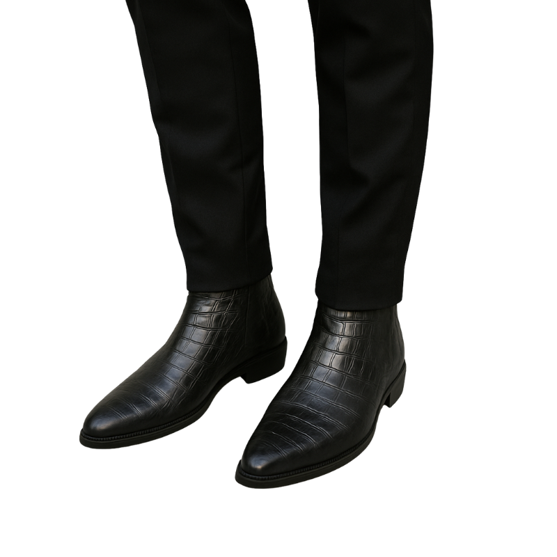 Men's Croco-textured Black Leather Pointed Toe Side Zipper Boot