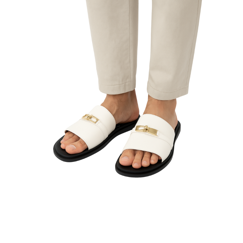 Men's Leather White Slip-on Casual Slider