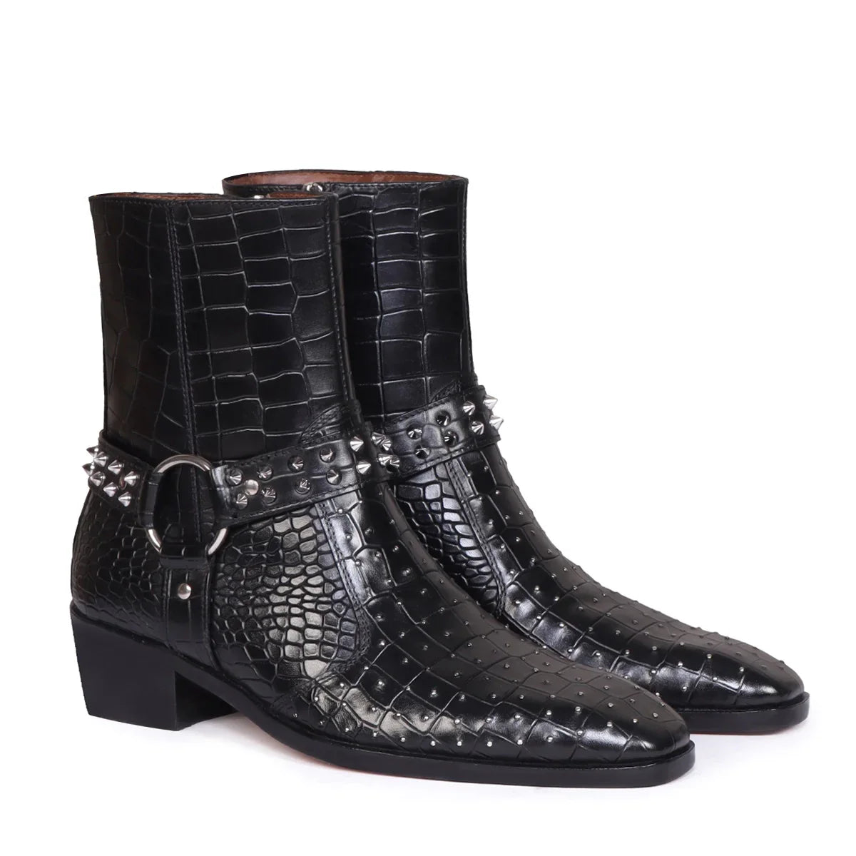 Deep Cut Croco Leather Side-Zipper Boots