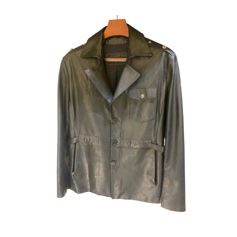 Classic Leather Green Double-pocket Leather Coat