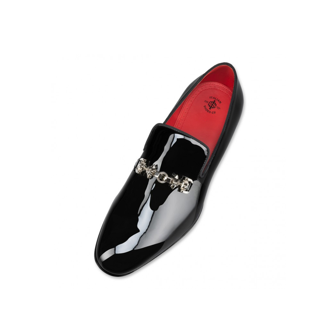 Italain Black Leather Loafers with Metallic Ornament