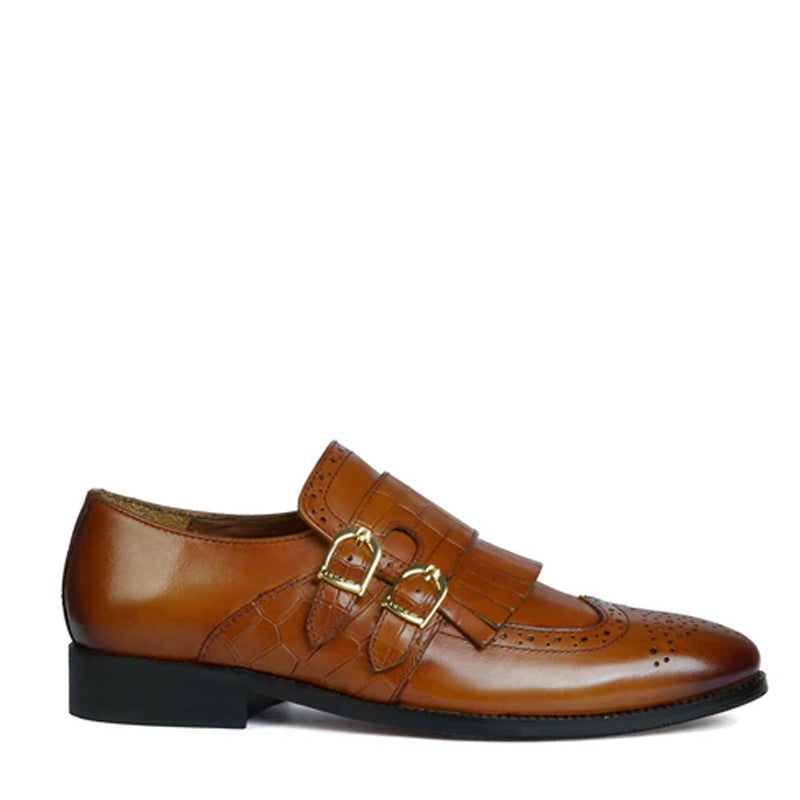 Croco Textured Double Monk Brown Shoe with Fringes