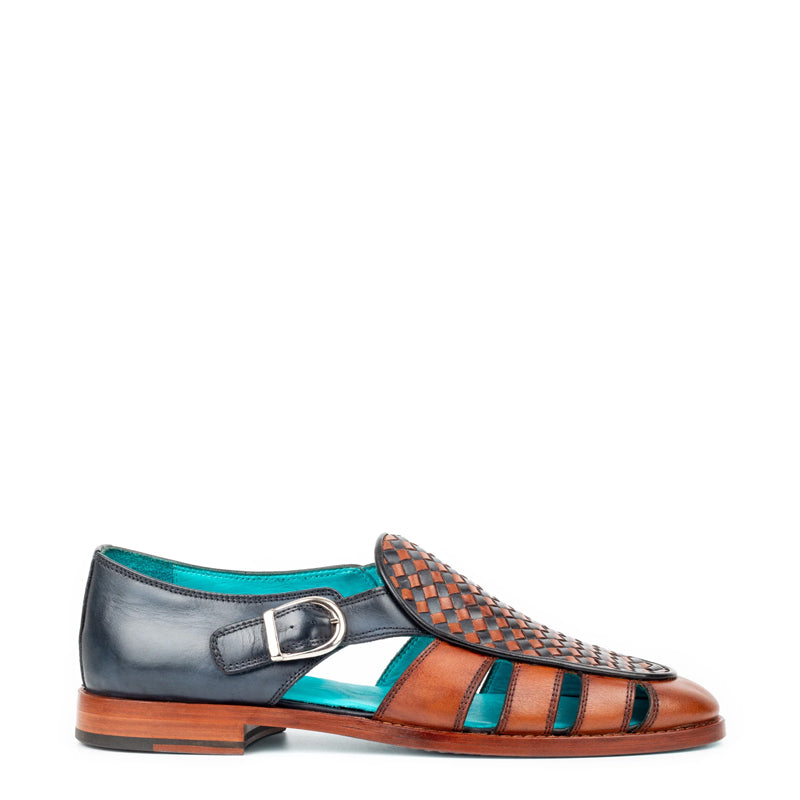 Men Blue/Tan Textured Leather Peshawari Comfort Sandal