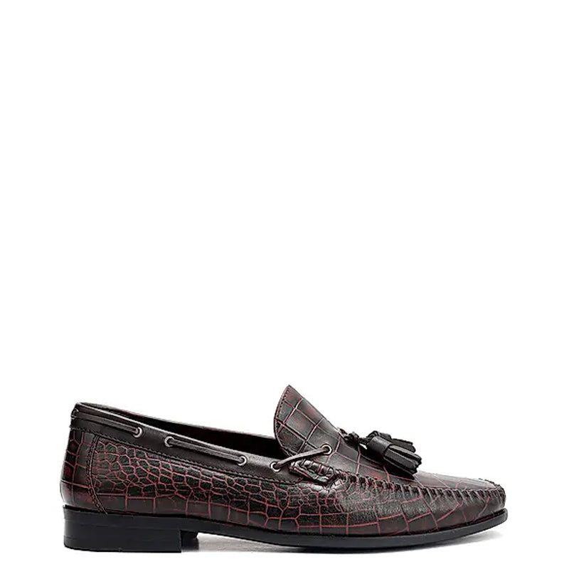 Crocodile Pattern Side Lacing Leather Tassel Loafer Black