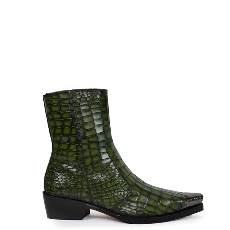 Luxury Croco Print Leather Side-Zipper Boot Green