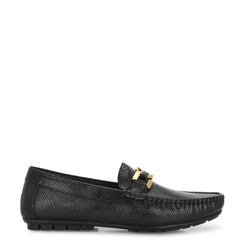 Premium Leather Black Loafer With Gold Buckled
