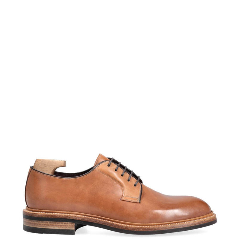 Plain Toe Shiny Leather Pure Handmade Derby Shoes