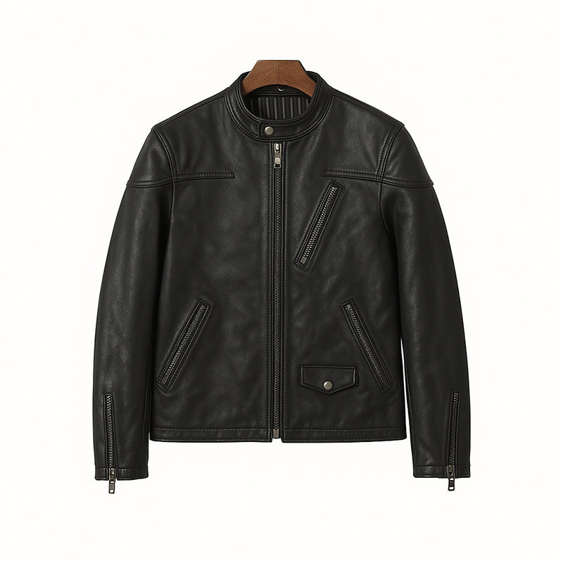 Men’s Zip-Up Vintage Blue Biker Jacket with Stand Collar & Pockets