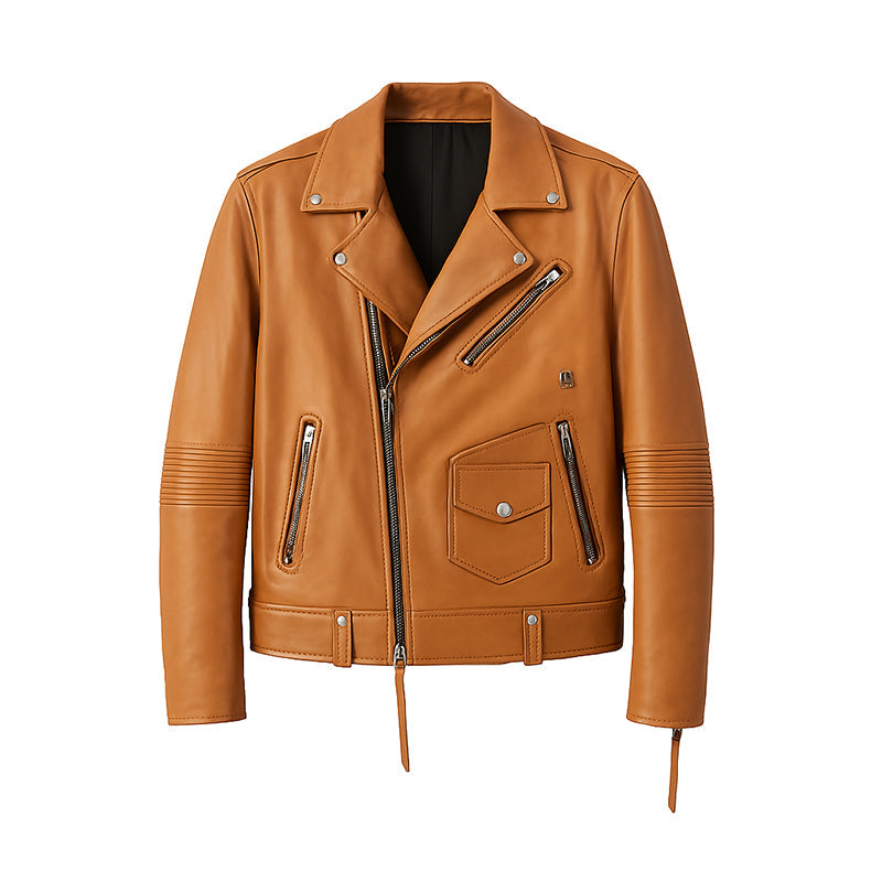 Men's Brown Leather Biker Jacket with Zippers