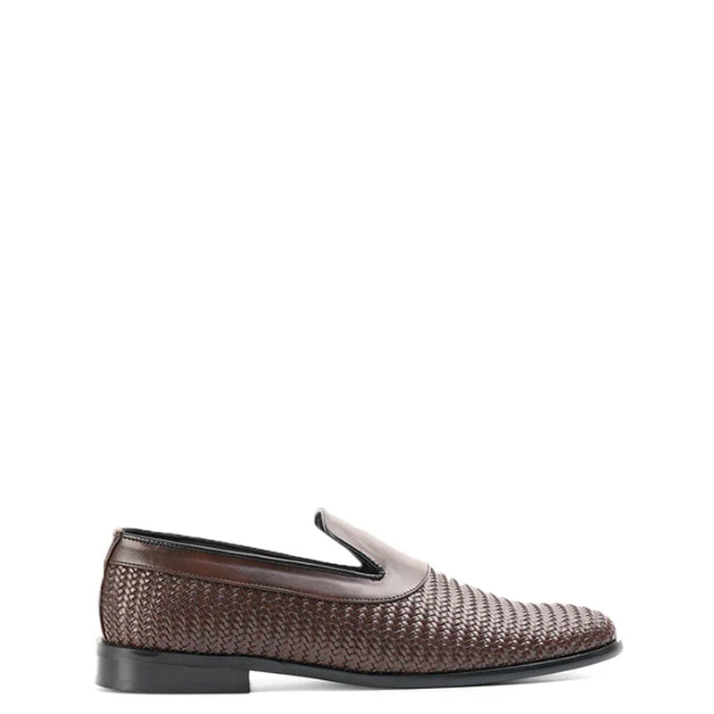Woven Slip-On Leather Black Loafer For Men