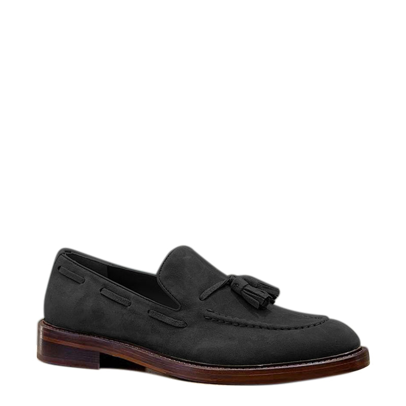 Comfort Tassel Penny Loafer in Black Suede Leather