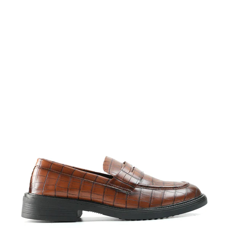 Premium Crocodile-Textured Leather Loafer Tan
