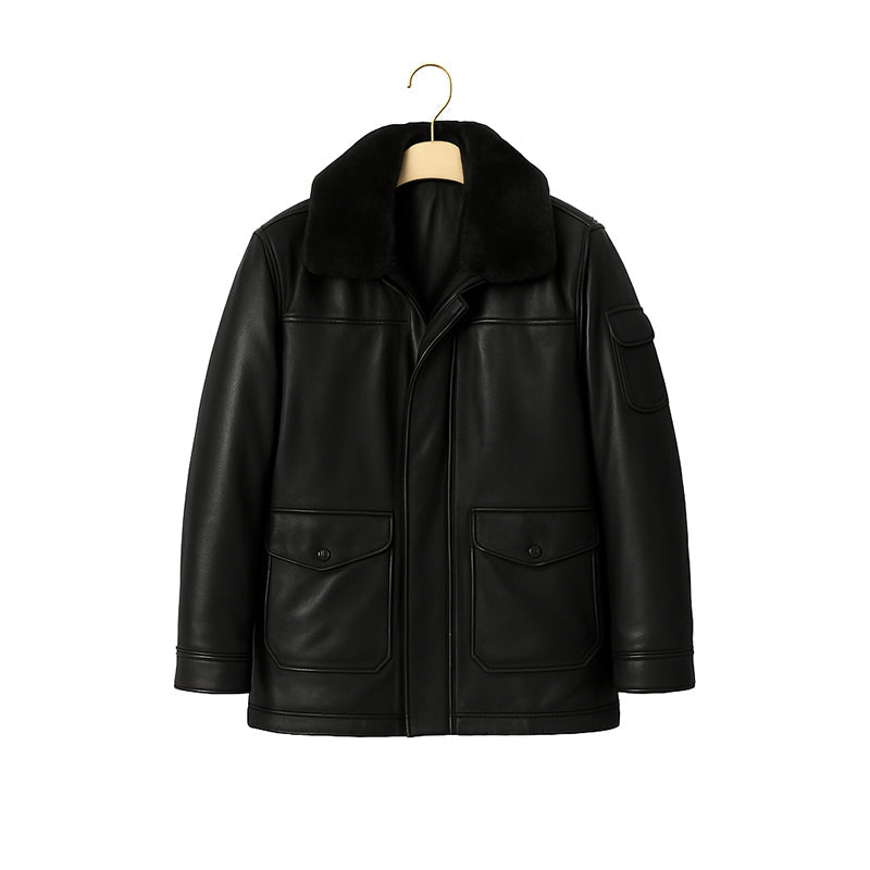 Men's Luxurious Brown Front Pocket Jacket with Fur Collar