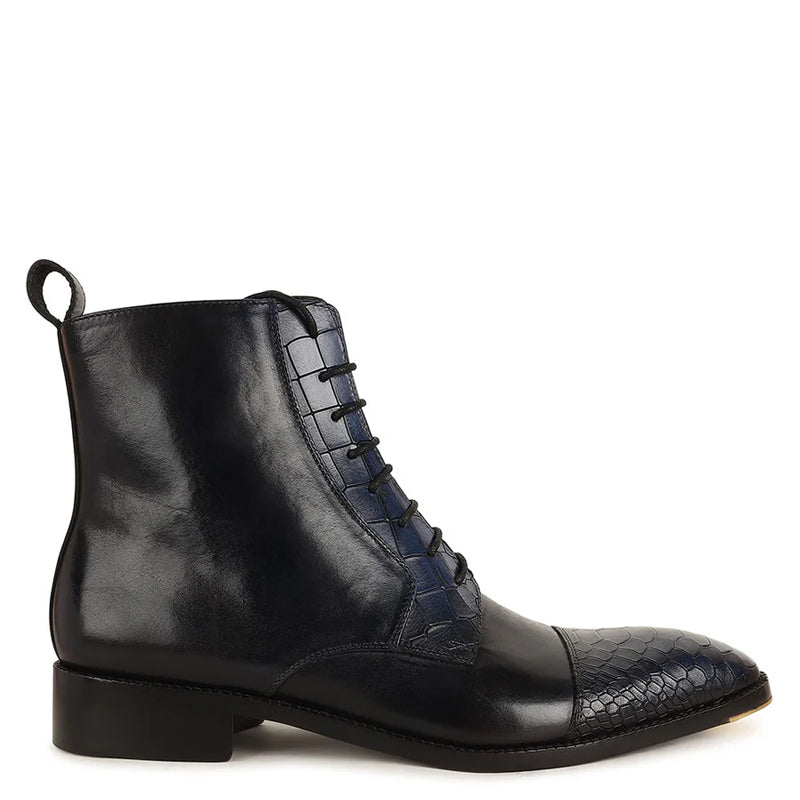 Luxury Croco Leather Cap-Toe Side-Zipper Boot Black & Blue