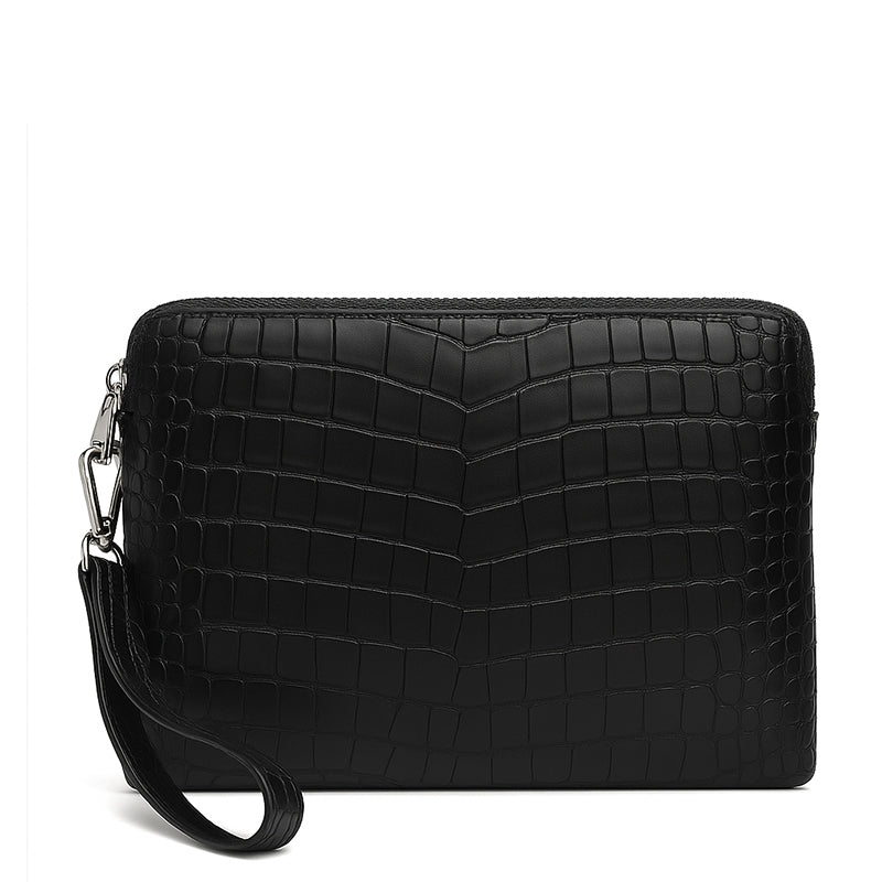 Italian Crocodile Leather Black Zipper Clutch for Men