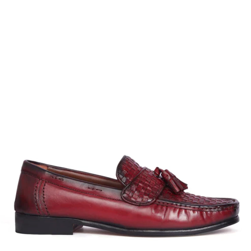 Weaved Solid Leather Tassel Loafers