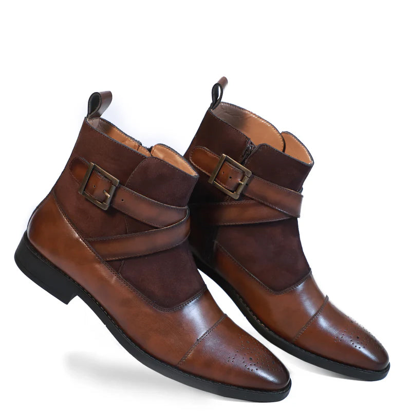 Leather Side Zip-Up Buckled Ankle Black Boot