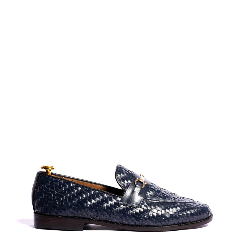 Pure Leather Weaved Horsebit Buckled Blue Loafer