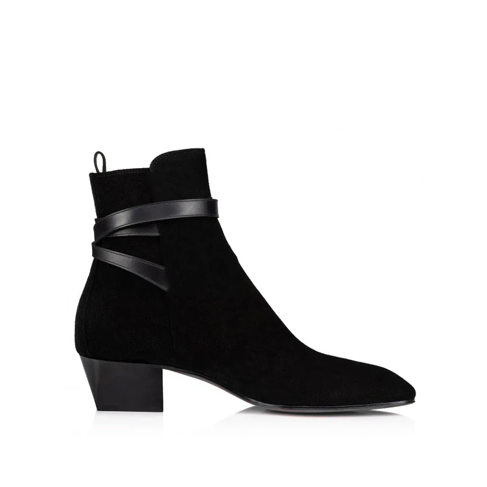 Black Suede Ankle Pointed Toe Boots With Silver Buckle Strap