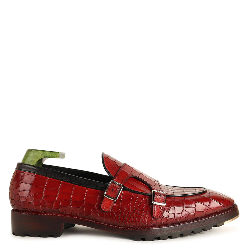 Patina Croco Leather Double Monk Straps Shoes