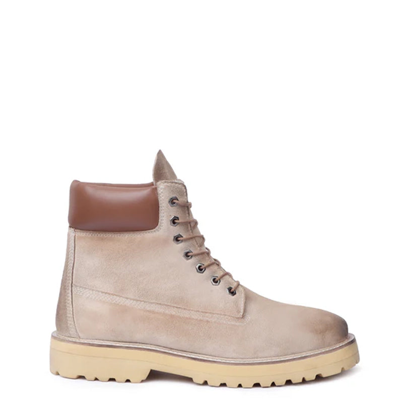 Suede Leather Lace-Up Biker Beige Boot