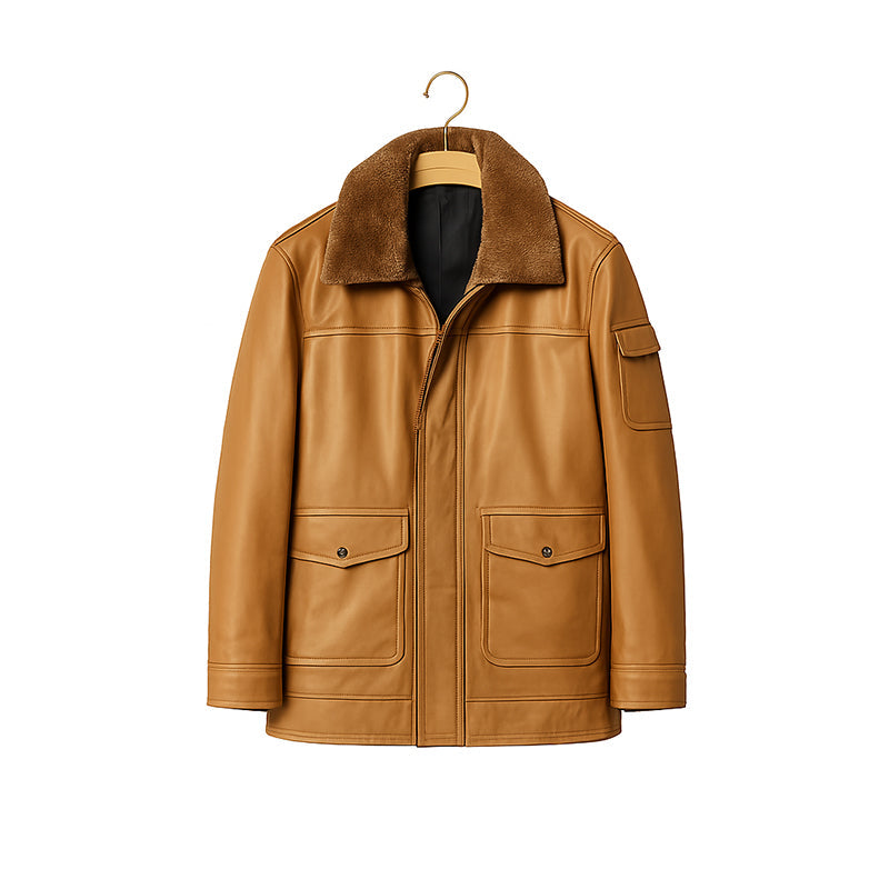 Men's Luxurious Brown Front Pocket Jacket with Fur Collar