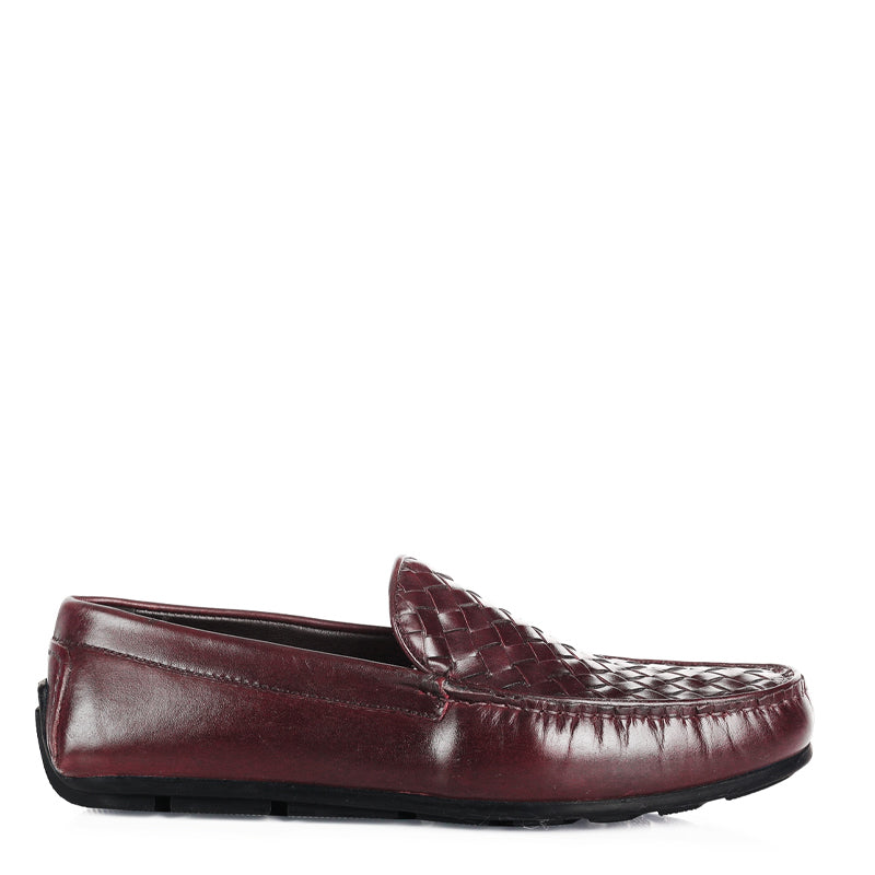 Weaved Textured Shiny Leather Driving Black Loafer