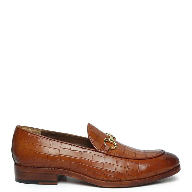 Croco Leather Horse-bit Buckled Green Loafer
