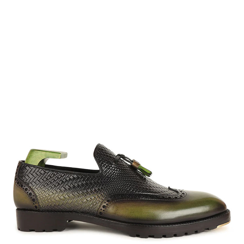Patina Handmade Wingtip Leather Tassel Loafer Green
