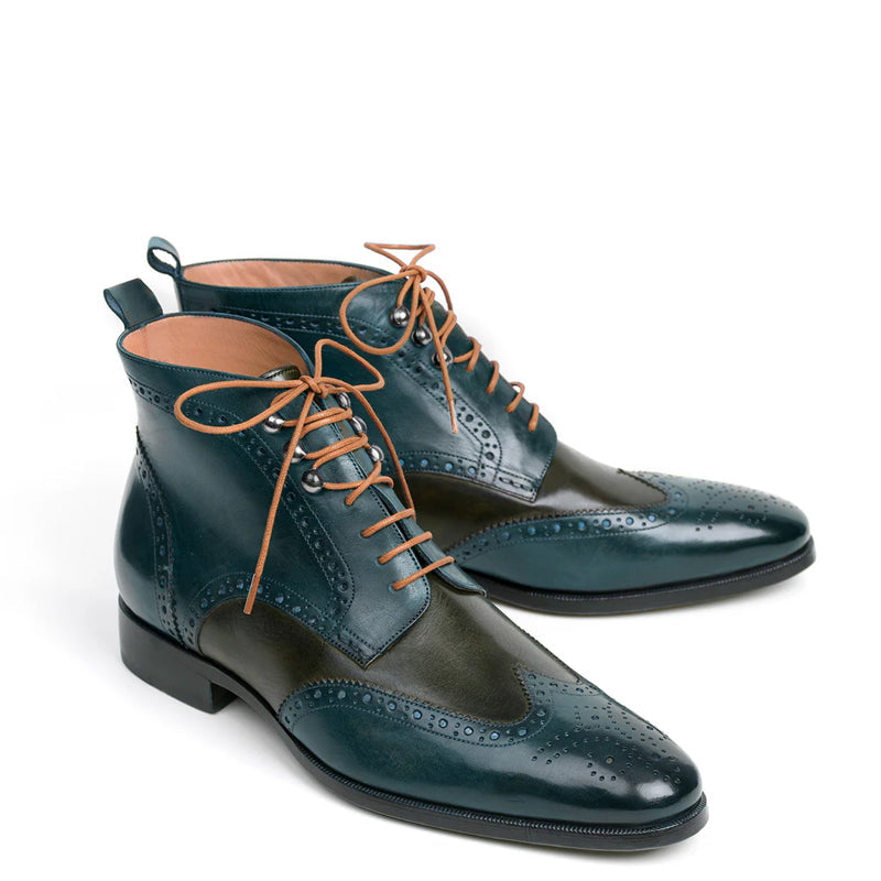 Men Solid Leather Wingtip Ankle Boot Green and Blue