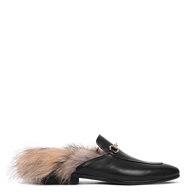 Premium Leather Black Mule With Fur